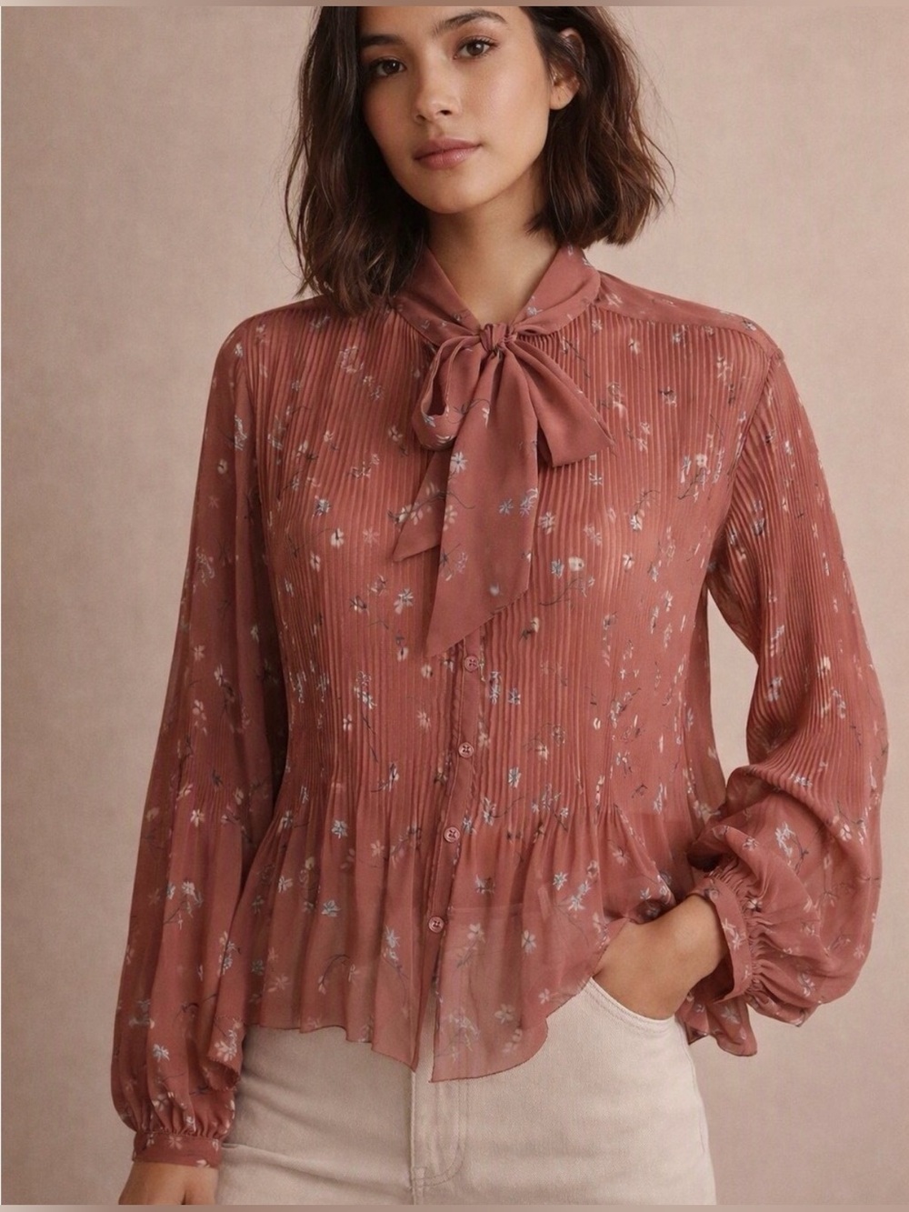 Wilfred Barbara Coral Floral Tie-Neck Blouse Fits Bigger